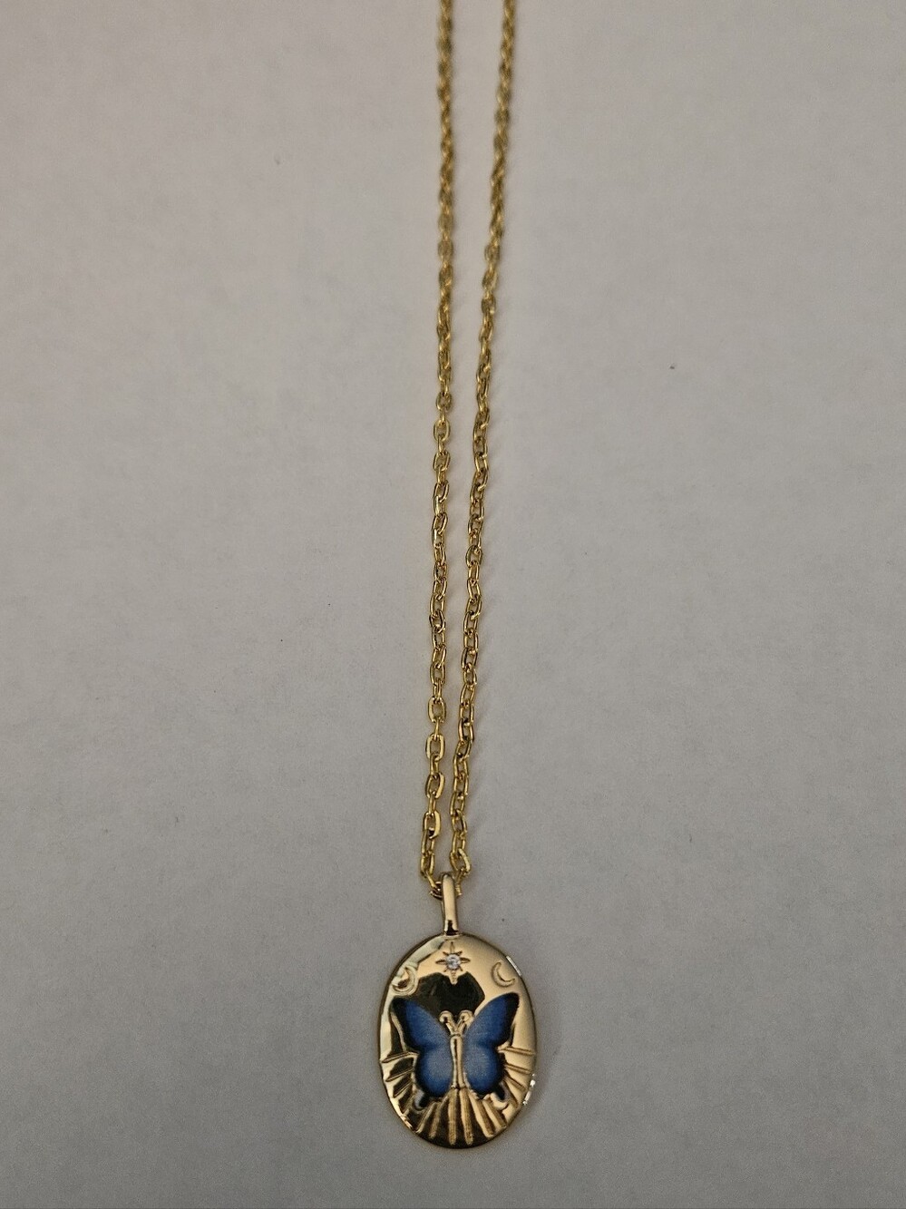 Gold Tone Blue Butterfly Pendant Necklace